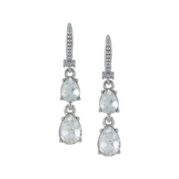 Marchesa Double Crystal Drop Earrings Silver Tone Pear Cut New - Picture 1 of 3